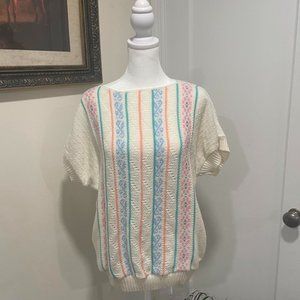 Vintage 80’s Cream & Pastel Striped Short Sleeve Sweater  By Bay Point Trading